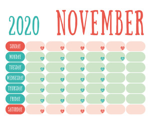 November 2020 diary. Calendar. Cute trend design. New year planner. English calender. Green and red color vector template. Notebook for notes. Week starts on Sunday. Planning. Hearts