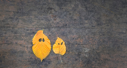 autumn leaves in shape ghosts. ghosts characters of yellow leaves. Creative minimalism concept. leaf on dark rustic wooden background. copy space. soft focus