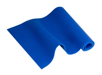 Blue half rolled yoga mat isolated on white background, clipping path included