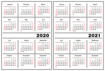 Template of a calendar of white color. A calendar for 2020 and 2021.
