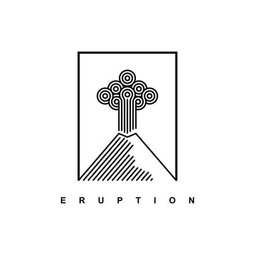 Mountain logo with linear style.Nature disaster eruption with smoke and clouds in the sky.mountain eruption logo design vector template inspiration	