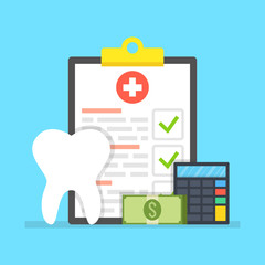 Dental insurance, dental care concept. Medical clipboard. Vector illustration.