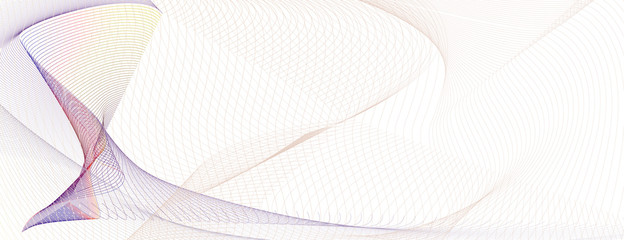 Abstract vector colored cheque, ticket, banner, certificate template. Guilloche art line pattern. Purple, red, yellow, beige intersecting curves. Watermark design. Subtle line. White background. EPS10