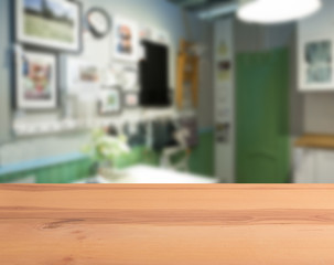 abstract blur inside interior contemporary kitchen loft decoration style with wood plank perspective background for show promote content ,product on disply