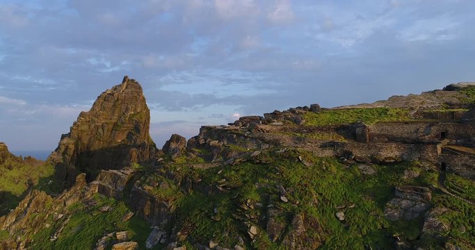 Wide aerial, cliffs on Skellig Michael