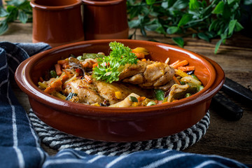 Fried chicken fillet with vegetables.