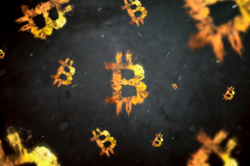 Burning symbol of Bitcoin floating in space. Conception of risk management in money trading at...