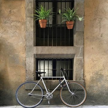 A bicycle leans up against a stone-framed window.