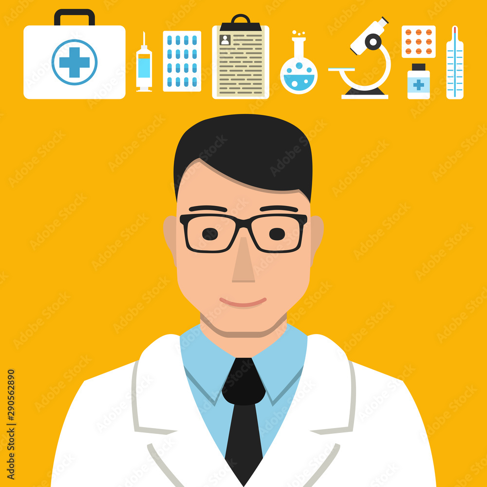 Poster doctor vector. medical icons set for web and mobile application. flat design style.
