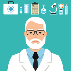 Senior doctor vector. Medical icons set for web and mobile application. Flat design style.