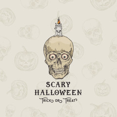 Happy HalloweenTrick or Treat Vector Background or Card Template. Hand Drawn Scull with Eyes and Candle Sketch Illustrations. Holiday Decorative Composition with Seamless Scull and Pumpkins Pattern.