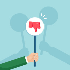 Group of business people with thumbs down placard. Social media. Bad opinion, dislike, disapproval. Testimonials, feedback, customer review concept. Vector flat design