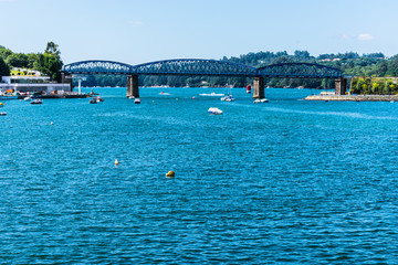 iron bridge for railroad crossing the sea to the other side of the bay