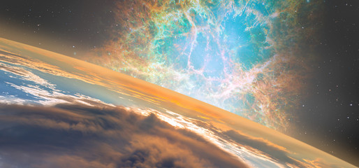 Planet Earth with spectacular sunset on the background Crab Nebula, Supernova Core pulsar neutron...