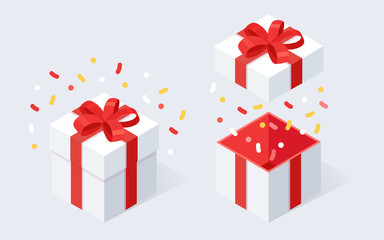 Opened gift box with bow, ribbon isolated on white background. 3d isometric red package, surprise with confetti. Sale, shopping. Holiday, christmas, birthday concept. Vector cartoon design