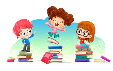 Group of children with many books