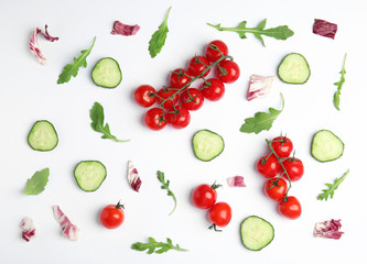 Fresh vegetables for salad on white background, top view