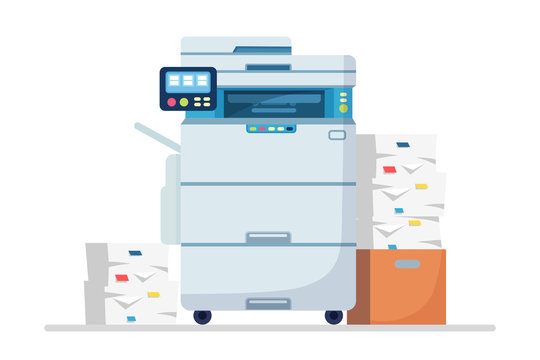 Printer, office machine with paper, document stack. Scanner, copy  equipment. Multifunction device. Paperwork with carton, cardboard box.  Vector cartoon design Stock Vector | Adobe Stock