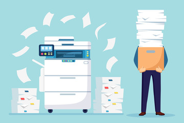 Pile of paper, busy businessman with stack of documents in carton, cardboard box. Paperwork with printer, office multifunction machine. Bureaucracy concept. Stressed employee. Vector cartoon design © Nadezhda Buravleva