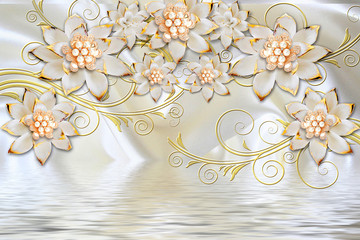Obraz na płótnie Canvas 3d mural illustration background with golden jewelry and flowers , circles decorative wallpaper