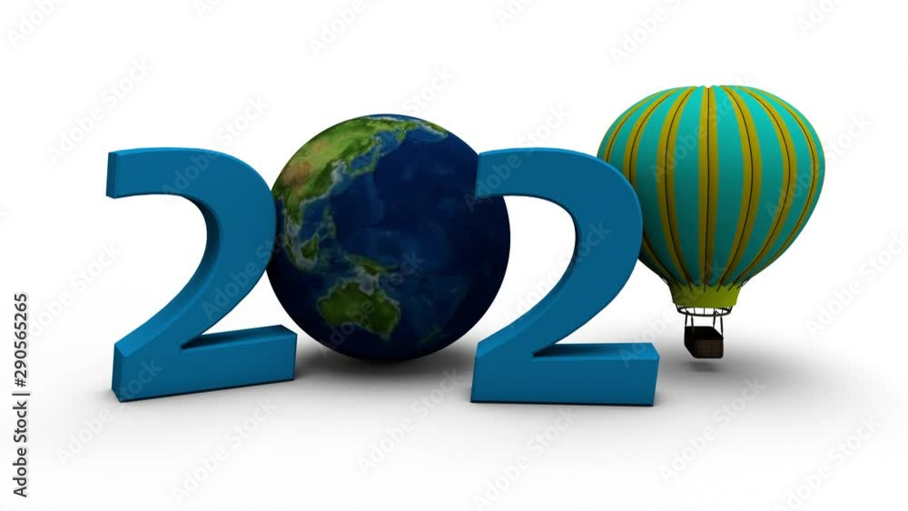 Aufkleber 3d animation of planet earth and balloon. the objects form the date of the new year 2020 on a white 