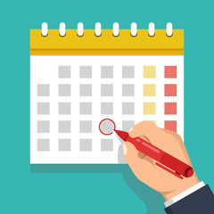 Calendar on the wall and hand marking one day on it. Vector illustration