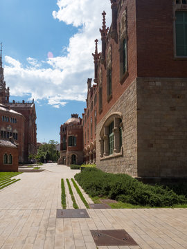 Spain, may 2019: Hospital de la Santa Creu i Sant Pau - modernist building by famous architect Lluis Domenech i Montaner. Architecture of Barcelona inscribed on UNESCO World Heritage List.