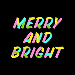 Merry and bright  brush sign lettering. Celebration card design elements on black background. Holiday lettering templates for greeting cards, overlays, posters