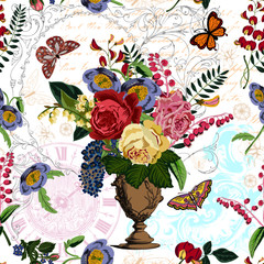 Rich pink yellow red roses and blue red pink flowers and leaves bouquet in a vintage vase. The flowers are surrounded by butterflies. In the background there are calligraphies clock and home decor.  