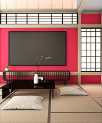 Mock up Tv room, smart tv on red wall zen room very japanese stye and tatami floor.3D rendering