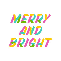 Merry and bright brush sign lettering. Celebration card design elements on white background. Holiday lettering templates for greeting cards, overlays, posters