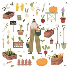 Girl holds bags of purchased vegetables at a farmers market. The theme of vegetarianism and healthy eating. Set of items on the agricultural theme: boxes and pots with plants, shoes and garden tools.