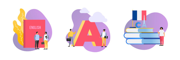 Set of illustrations on the topic of learning and teaching foreign languages. Students and teachers, a textbook of English, the flag of France and the letters of the Latin alphabet. Vector image.