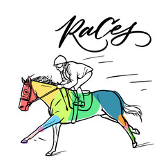 Нand drawn colorful graphic: horse riding. Equestrian sport like races illustration for your design