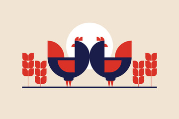 Hens on background of sun and ears of corn in folk style. Illustration can be used for packaging design, menus, design in markets and meat stores. Vector vintage image. © KOSIM