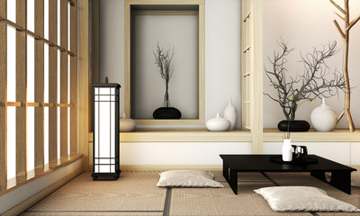 Room very zen style with decoration japanese style on tatami mat.3D rendering