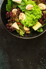 healthy salad mushrooms, cheese and green leaves (snack dish, vegetables, arugula, lettuce, spinach and more) menu concept. food background. copy space. Top view