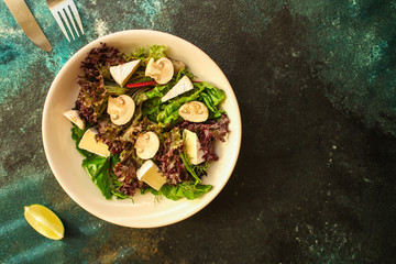 healthy salad mushrooms, cheese and green leaves (snack dish, vegetables, arugula, lettuce, spinach and more) menu concept. food background. copy space. Top view