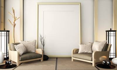 Mock up poster frame on room very zen with armchair on tatami floor.3D rendering