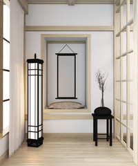Zen modern room japanese interior with shelf wooden design idea of room japan and wooden floor.3D rendering