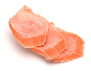 smoked salmon segments isolated on white background cutout. Prepared fish fillet fibres.