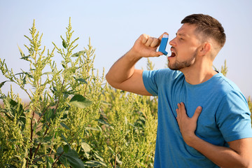 Man with inhaler suffering from ragweed allergy outdoors on sunny day