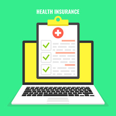 Health insurance concept. Laptop with medical clipboard. Vector illustration.