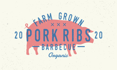 Pork Ribs logo. Pig silhouette. Vintage poster for restaurant, barbecue, steak house, bar. Vintage typography. Vector logo template. 