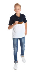 Full length portrait of teenage boy on white background