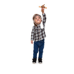Happy kid Asian boy playing with toy airplane isolated over white background, Two year one month old