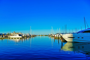 View of Monroe Harbor on Lake Michigan in Chicago on a sunny day.