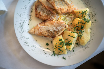 Cross fish with potatoes on plate