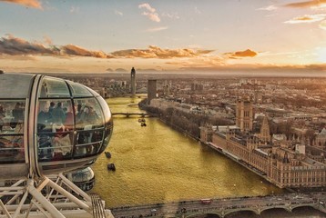 The view of london from a car in the giant ferris wheel.