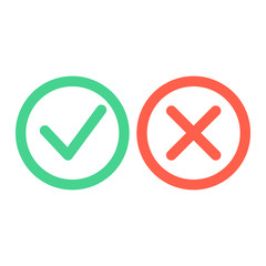 Check mark icons. Green tick and red cross checkmarks icons set. Flat vector illustration.